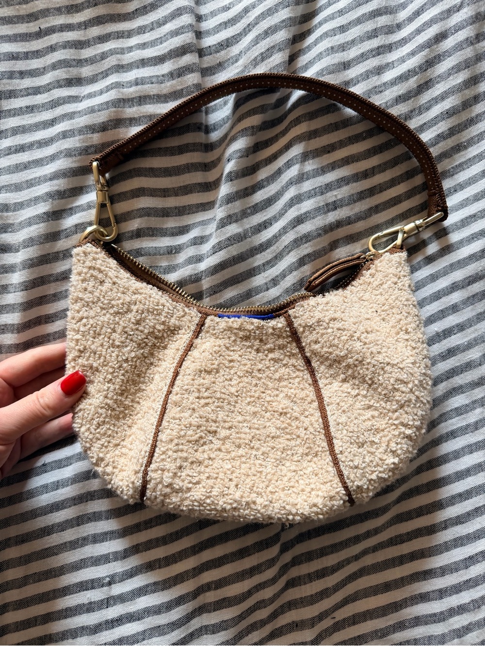 Rothy's Cream Sherpa Mini Shoulder Bag with Brown Trim